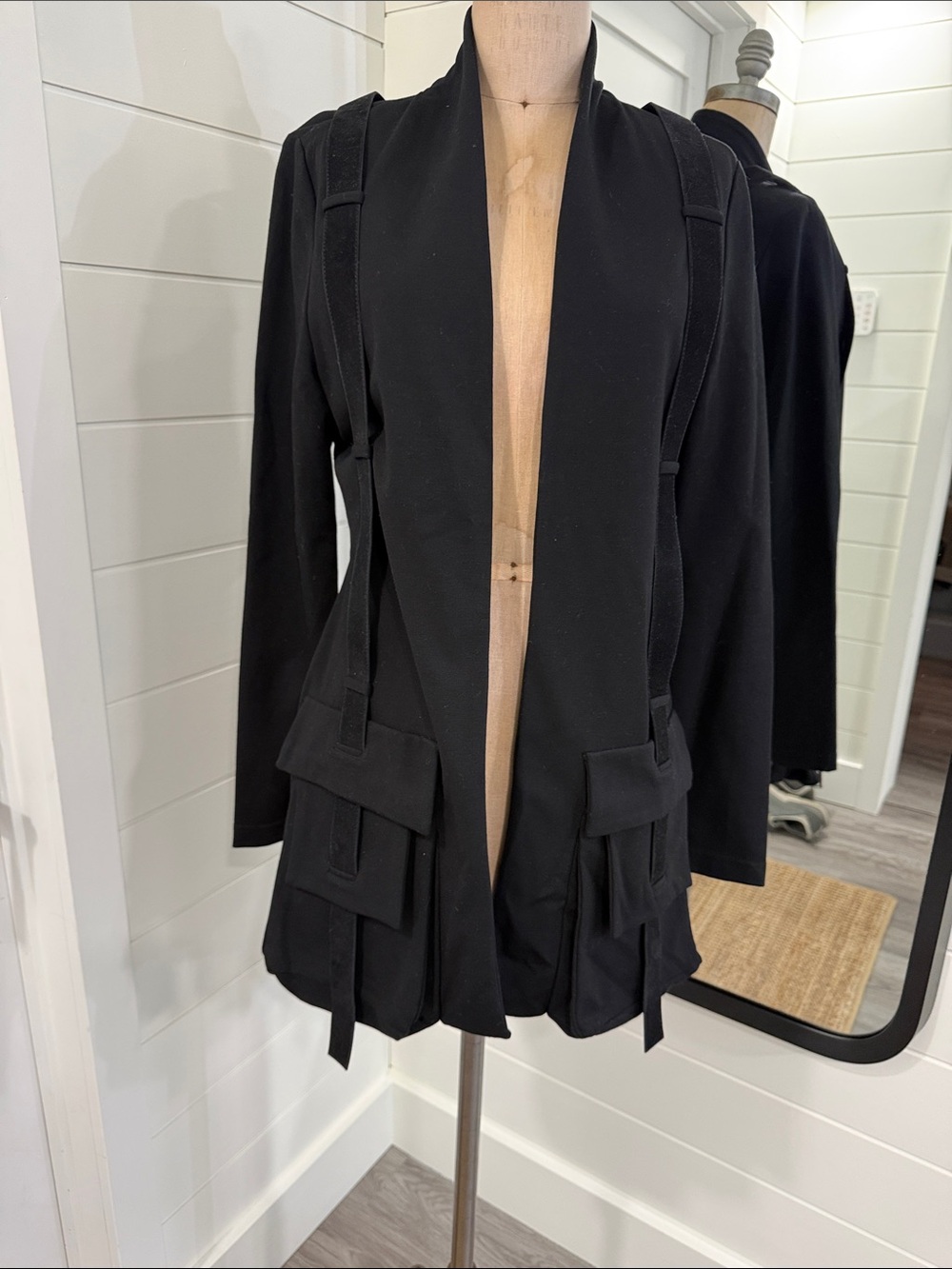 Sarah Pacini Black Open-Front Utility Blazer with Flap Pockets